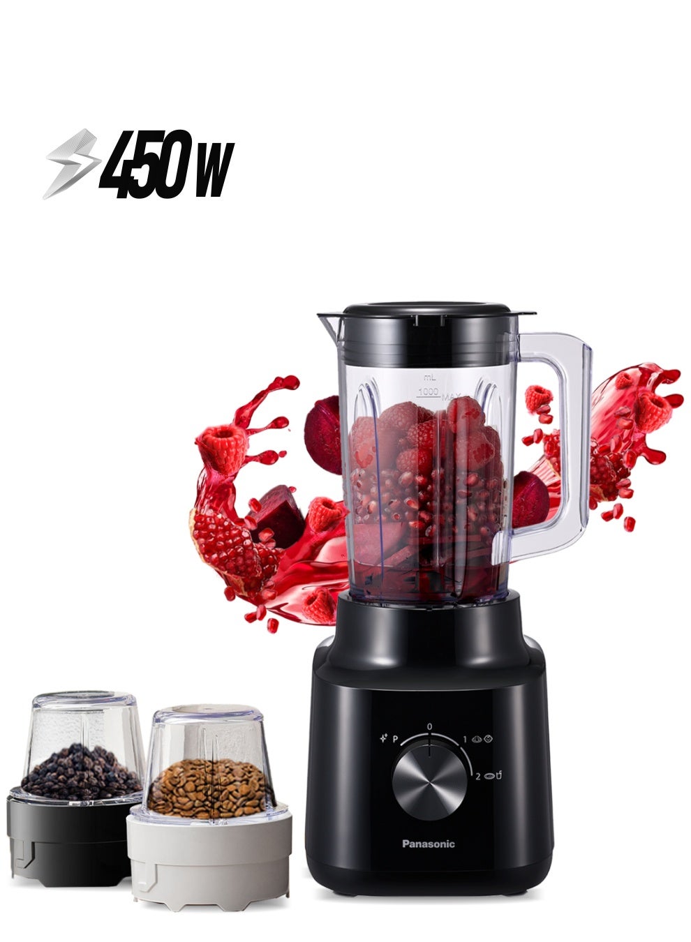 Blender With Powerful 450W Motor, Curved Stainless Steel Blade For Easy Cutting & Smooth Blending, 1.0L Plastic Jug For Easy Handling, 2 Dry Mill For Grinding , 2 Speed+1 Pulse, Safety Lock 1.45 L 450 W MX-CP3121KTZ Black