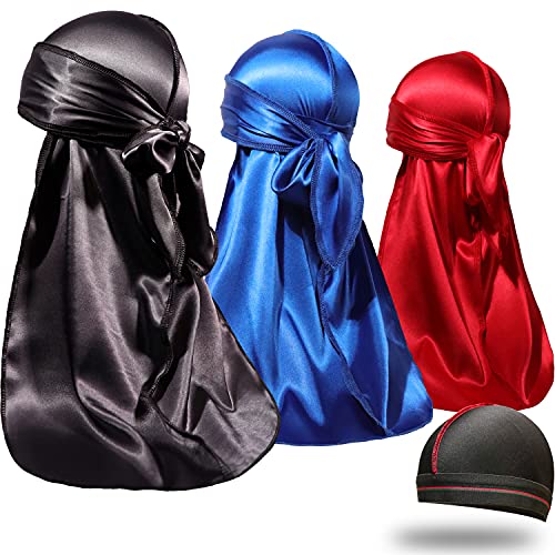ForceWave 3 Pieces Silky Durags and 1 Wave Cap Pack for Men Waves, Moisture-Tech Fabric Satin Du-Rag - Image 1