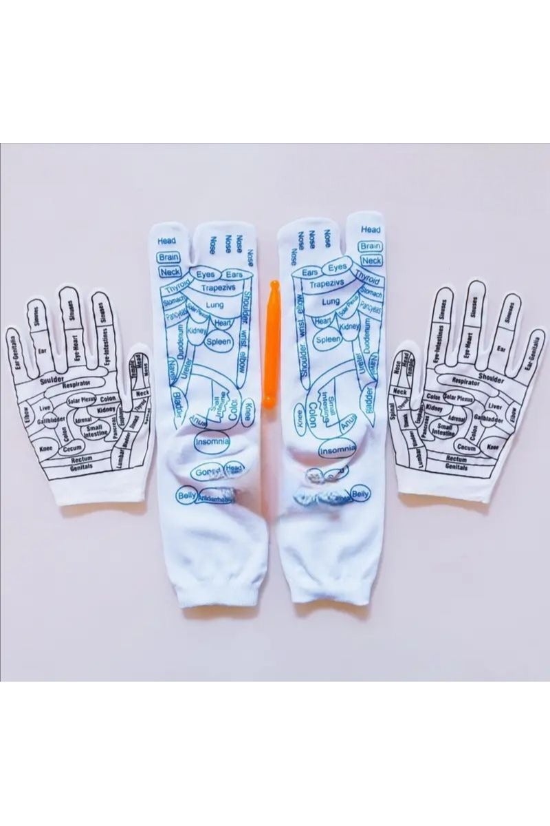 Generic A set of 7 pieces to illustrate pressure points with a reflexology massage stick, concentrated only in the feet and hands. The set includes a pressure stick, a pair of hand gloves with a diagram of the pressure points, a pair of men's socks, and a pair of women's socks with a diagram of the pressure points. The set is designed with precision and ease to help you apply pressure to the massage points of the reflexology areas.  - Image 5