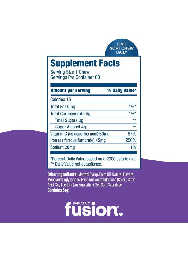 Bariatric Fusion مكمل الحديد للنساء فقر الدم | حديد قابل للمضغ مع فيتامين C | نكهة العنب | لطيف على المعدة فومارات الحديد للنساء والرجال | خالي من الجلوتين | 60 حبة - Image 4