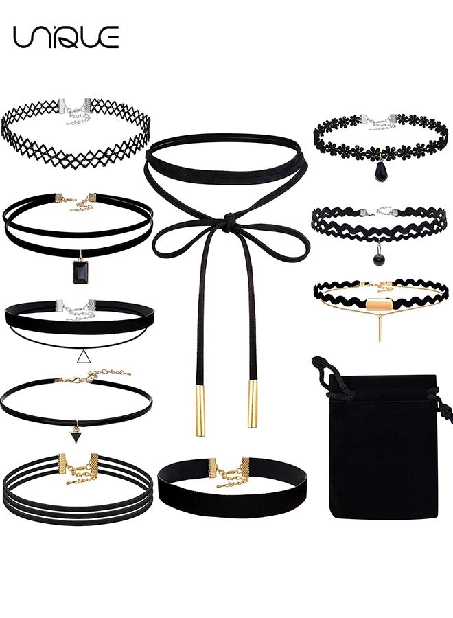 Unique 10PCS Black Choker Necklaces - Y2K 90s Layered Necklaces - 10 Styles - Adjustable Vintage Necklace Set - Comes with Storage Bag - Black - Image 1