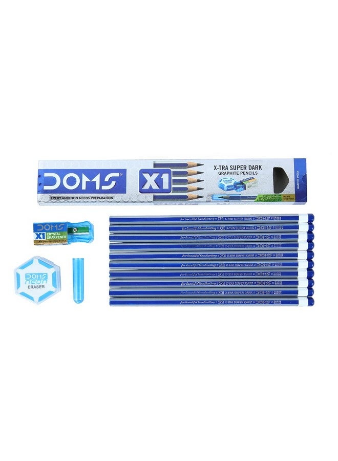 DOMS X1 Xtra Super Dark Pencils 1 Pack 10 Pencils 1 Eraser + 1 Sharpner + 1 Protection Cap Free - Image 3