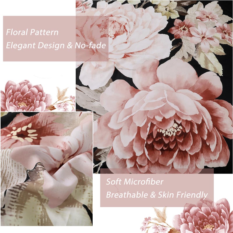 Dintszyayue Floral Comforter Set Queen Size 7 Pieces Bed in a Bag, Pink Black Floral Bedding Sets Elegant Flower Bed Set Lightweight Comforter for All Season with Flat Sheet, Fitted Sheet, Pillowcases & Shams - Image 4