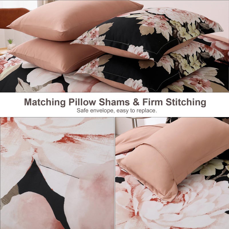 Dintszyayue Floral Comforter Set Queen Size 7 Pieces Bed in a Bag, Pink Black Floral Bedding Sets Elegant Flower Bed Set Lightweight Comforter for All Season with Flat Sheet, Fitted Sheet, Pillowcases & Shams - Image 5