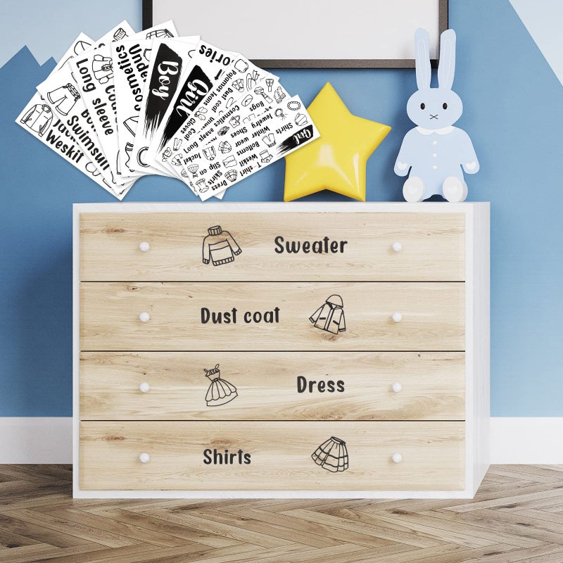 Spakon Spakon 9 Sheets Dresser Clothing Labels Removable Drawer Clothes Design Decals Wardrobe Decorative Bedroom Clothes Drawer Stickers for Organizing Decoration