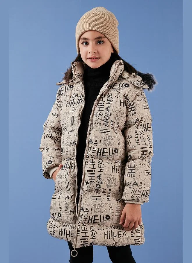 Lela Lela Collar Faux Fur Text Printed Removable Hooded Plush Lined Winter Coat Girl's COAT 5761984