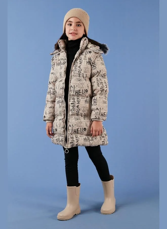 Lela Lela Collar Faux Fur Text Printed Removable Hooded Plush Lined Winter Coat Girl's COAT 5761984