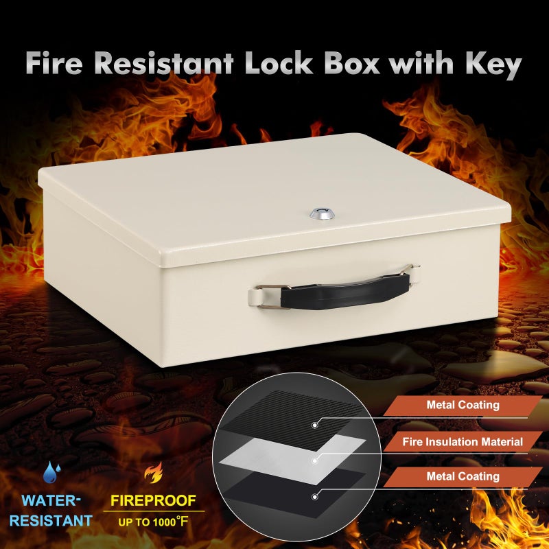 KYODOLED Fireproof Document Box with Key Lock, Small Safe Box for Valuables, Fire and Water Resistance, Fireproof Lock Box for Passport, Cash, Tablet, Exterior 12.8'' x 8.4'' x 4.5'' Beige - Image 3