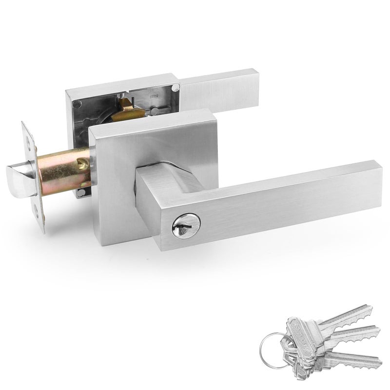 ANNFUZ Entry Door Handle with Lock and Keys,Front Door Exterior Door Lever,Not Alike Keys Reversible Lever for Right & Left Side,for Front Entrance and Bedrooms,Satin Nickel - Image 1