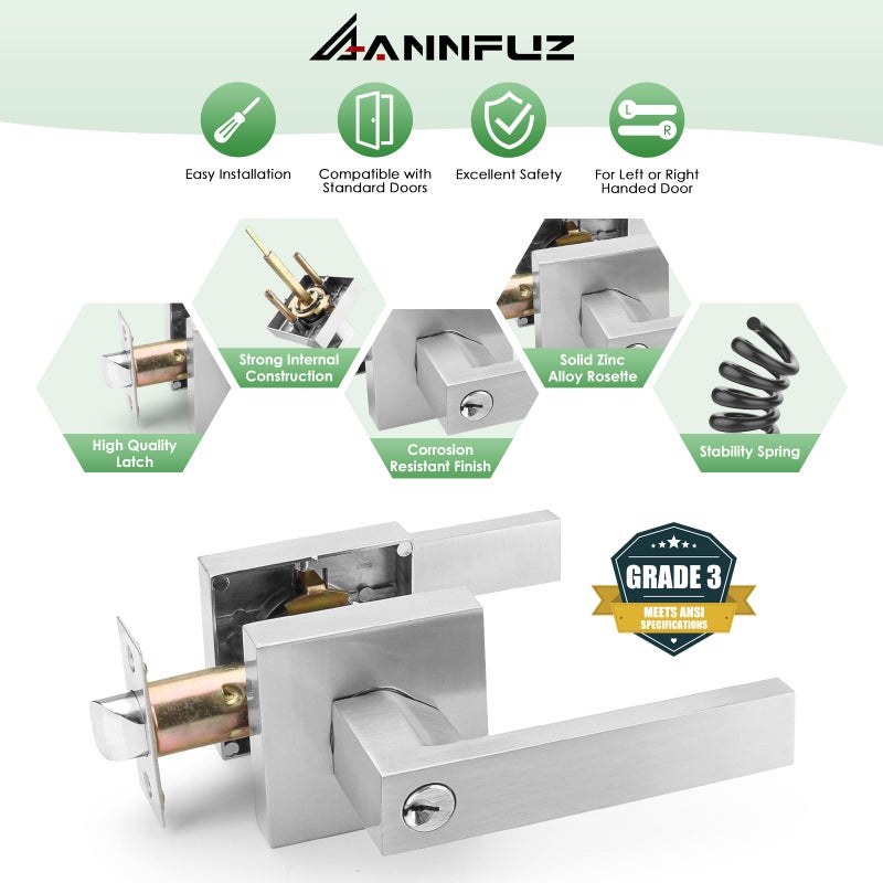 ANNFUZ Entry Door Handle with Lock and Keys,Front Door Exterior Door Lever,Not Alike Keys Reversible Lever for Right & Left Side,for Front Entrance and Bedrooms,Satin Nickel - Image 4