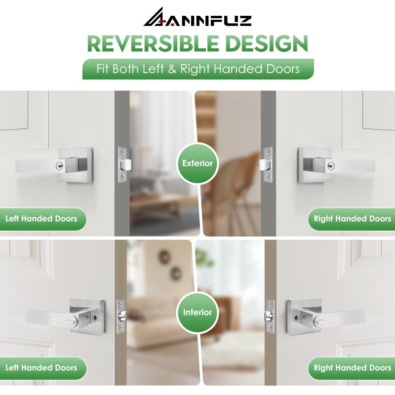 ANNFUZ Entry Door Handle with Lock and Keys,Front Door Exterior Door Lever,Not Alike Keys Reversible Lever for Right & Left Side,for Front Entrance and Bedrooms,Satin Nickel - Image 3