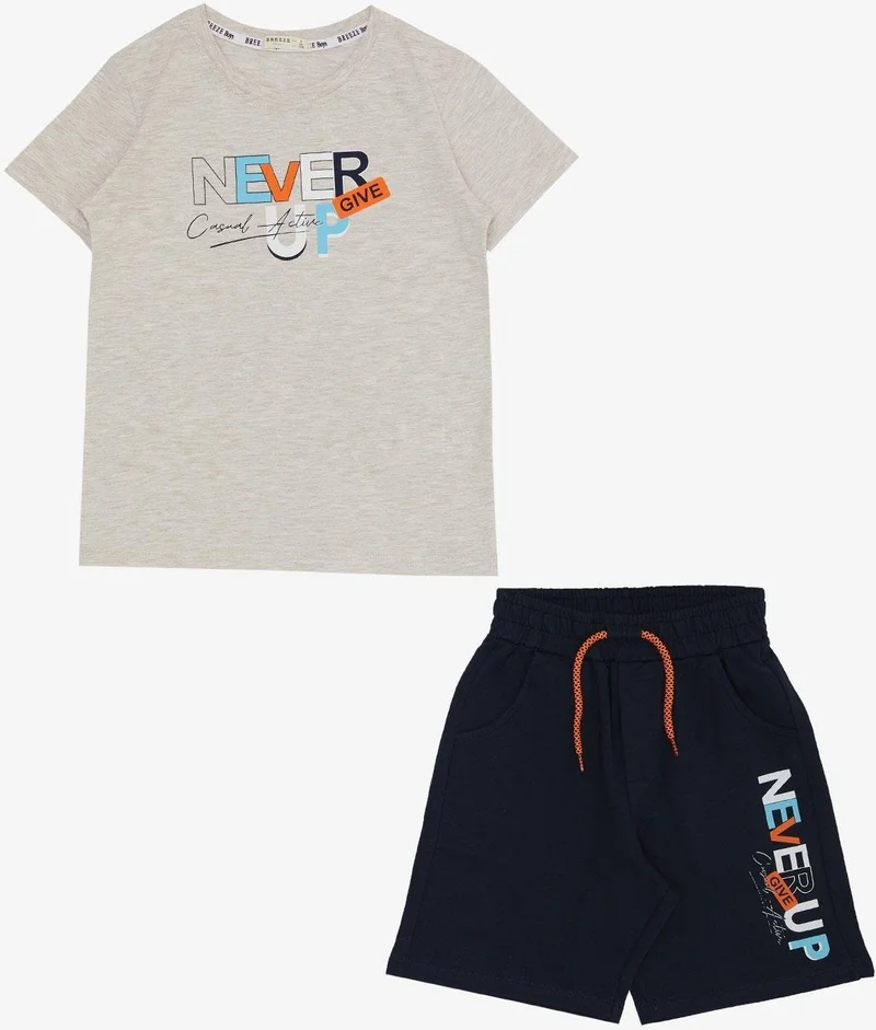Breeze Boy's Shorts Suit with Text Printed Pockets, Age 8-14, Beige Melange