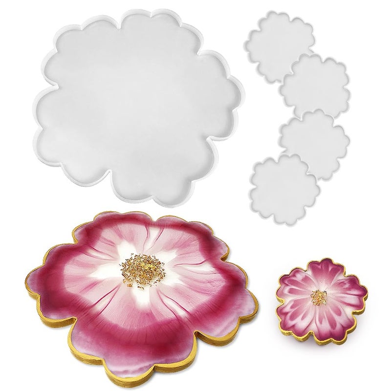 RESINWORLD 13 Large Floral Tray Mold 4 Flower Geode Coaster Silicone Molds No Designs 5 Pieces White Silicone Single Piece Construction - Image 2