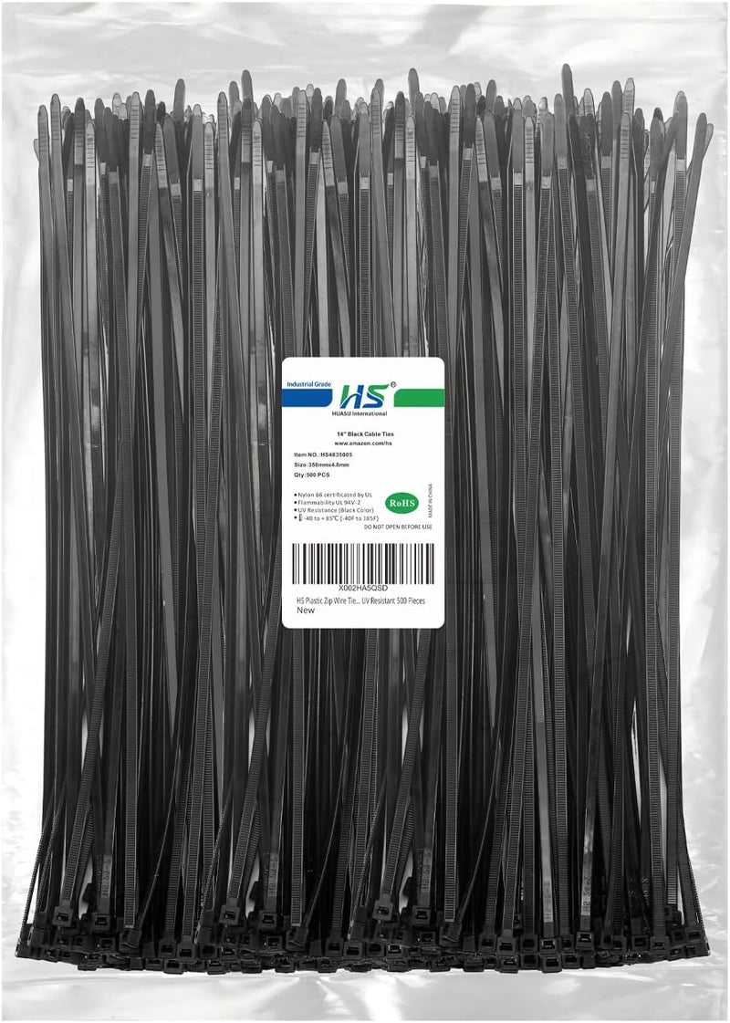 HS Plastic Zip Wire Ties Black Nylon Cable Zip Ties for Fencing Travel Outdoor Purpose, Cable Ties 14 Inch 50 LBS UV Resistant 500 Pieces - Image 1
