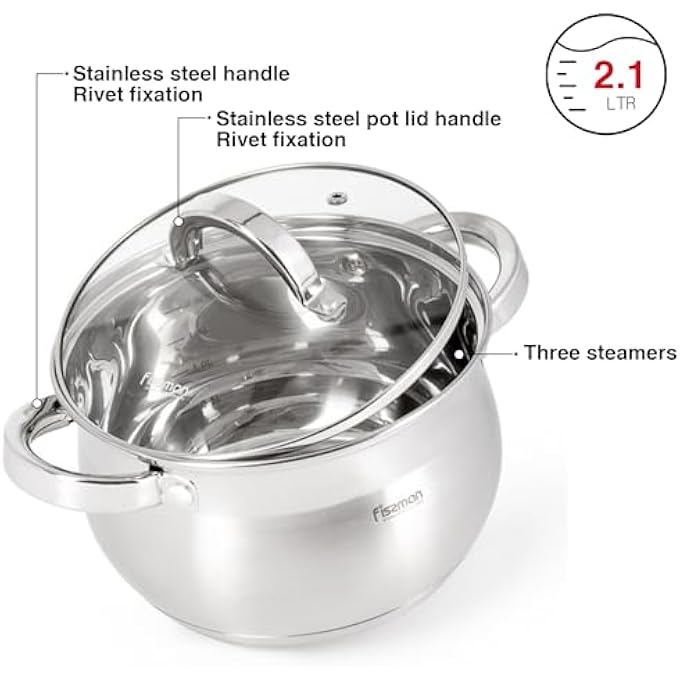 Fissman Stockpot With Glass Lid 16X105Cm  21 Liter With Measuring Mark Stainless Steel Stockpot Felina Series  StayCool Handle  Induction Ready  Dishwasher Safe  Compatible With All Stovetops - Image 2
