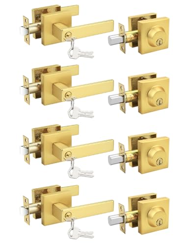 Tinewa 4 Pack Brushed Gold Keyed Alike FrontExterior Door Lever with Single Cylinder Deadbolt Satin Brass Entry Door Knob Lock Set Combo Sets for EntranceFront and Office Doors - Image 1