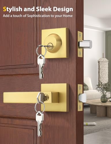 Tinewa 4 Pack Brushed Gold Keyed Alike FrontExterior Door Lever with Single Cylinder Deadbolt Satin Brass Entry Door Knob Lock Set Combo Sets for EntranceFront and Office Doors - Image 3