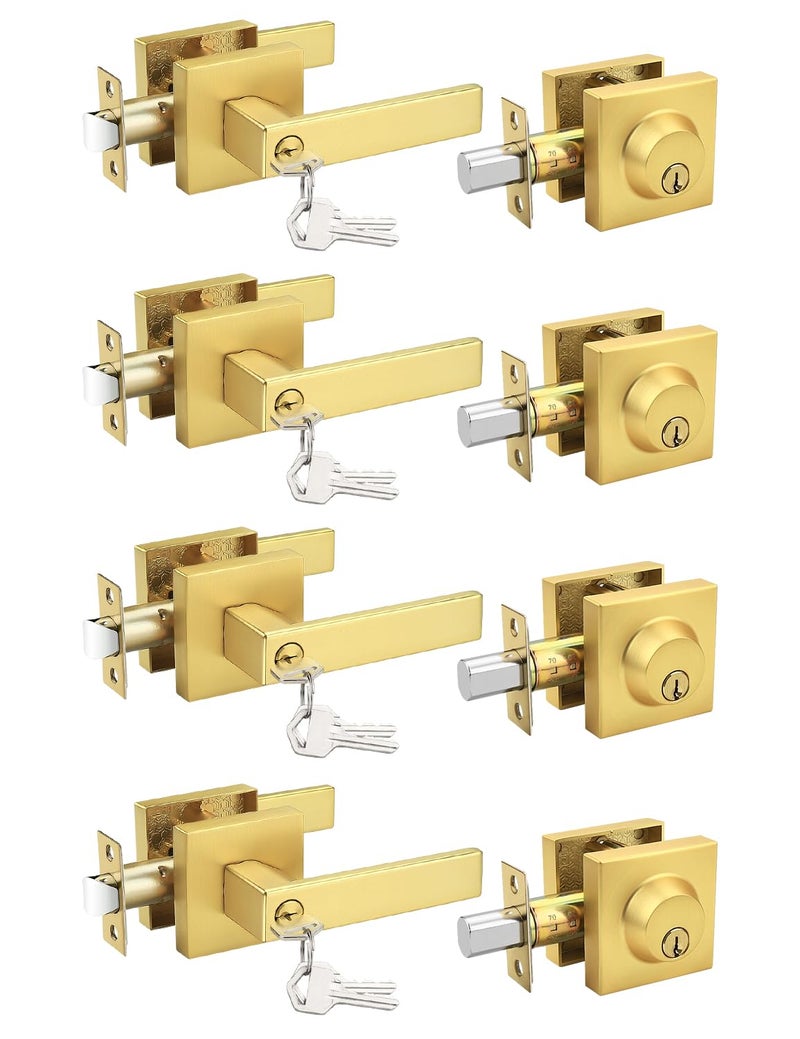 Tinewa 4 Pack Brushed Gold Keyed Alike FrontExterior Door Lever with Single Cylinder Deadbolt Satin Brass Entry Door Knob Lock Set Combo Sets for EntranceFront and Office Doors - Image 2