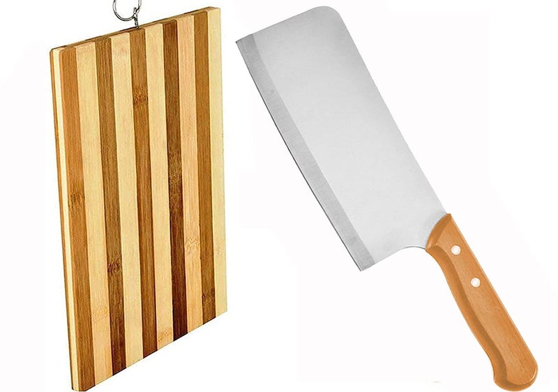 Shruthi Shruthi Wooden Knife Essential Kitchen Combo 2 Pack Wooden Meat Cleaver Knife Wooden Chopping Board for Cutting Slice Dice Steak Meat Chicken Cheese Vegetable Fruits EZ724  - Image 1
