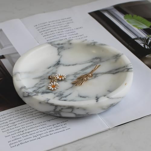 Nawgnail Natural Travertine Marble Jewelry Dish 5.5",Trinket Dish for Ring Earring, Gift for Woman Daugther(Arabescato Calacatta) - Image 1