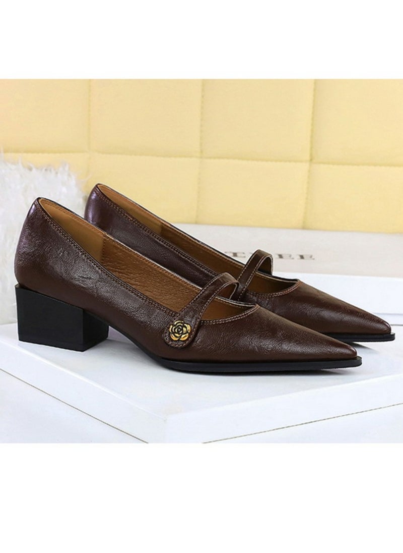 BIGTREE Mary Jane Shoes Low Chunky Heels Closed Pointed Toe Shoes With Ankle Strap Dark Brown  - Image 2