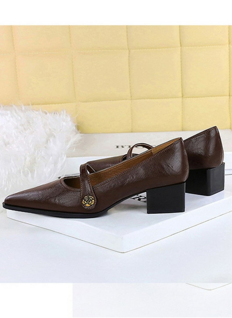 BIGTREE Mary Jane Shoes Low Chunky Heels Closed Pointed Toe Shoes With Ankle Strap Dark Brown  - Image 3