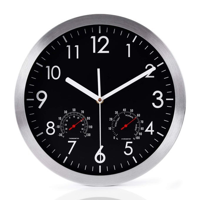 12 INCH SILENT NON TICKING WALL CLOCK SWEEP MOVEMENT SILVER ALUMINUM FRAME GLASS COVER FOR OFFICE HOME BATHROOM KITCHEN BEDROOM SCHOOL LIVING ROOM BLACK