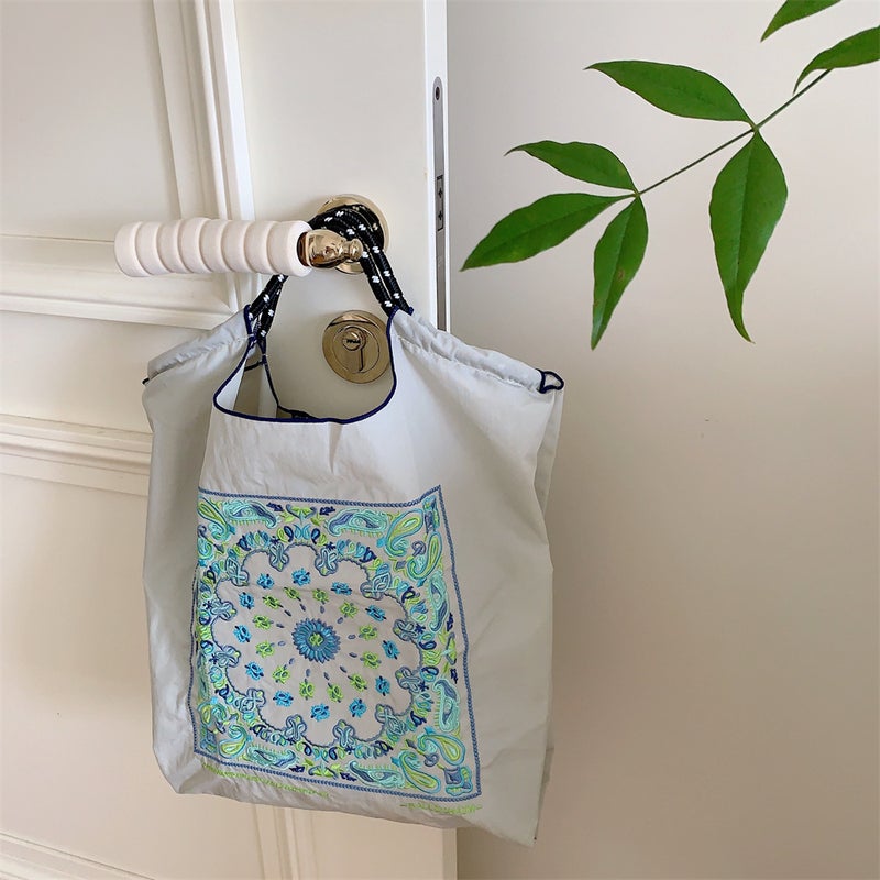 Japanese Embroidered Tote Nylon Shoulder Bag Eco-FriendlyLarge light gray cashew flower Large light gray cashew flower