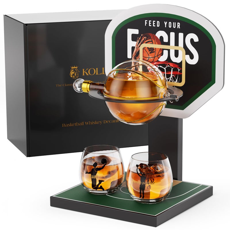 Kollea Basketball Whiskey Decanter Set with Green Court Stand & 2 Glasses, Cool Whiskey Gifts for Men, Dad, Boyfriend, Coach, Basketball Fans - Birthday, Game Day, Christmas, Retirement Gift idea - Image 1