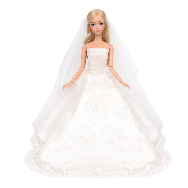BARWA Wedding Dress with Veil White Princess Evening Party Clothes Wears Dress Outfit Set for 11.5 Inch Doll - Image 2