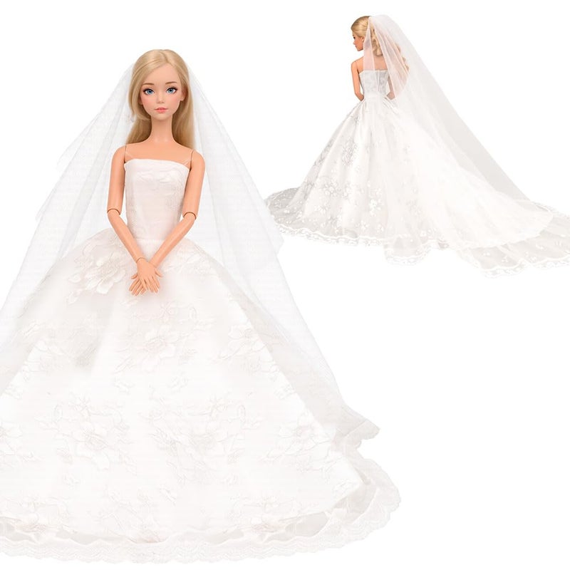 BARWA Wedding Dress with Veil White Princess Evening Party Clothes Wears Dress Outfit Set for 11.5 Inch Doll - Image 1