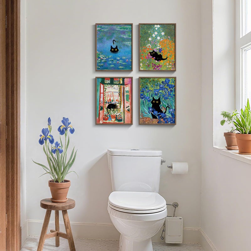 Cuspin Framed Cat Bathroom Wall Art, 4 Piece Funny Cute Black Cat in Water Lilies Canvas Painting Prints Artwork, Garden Flowers Monet Cat Aesthetic Pictures for Bedroom Kitchen Living Room Home Decor, 11x14 - Image 4