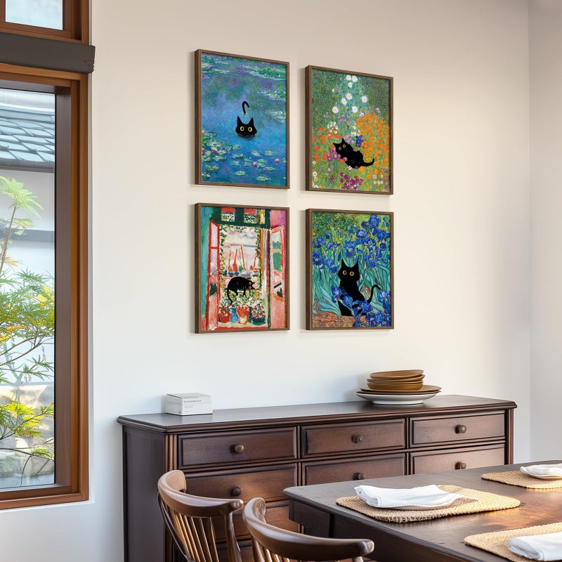 Cuspin Framed Cat Bathroom Wall Art, 4 Piece Funny Cute Black Cat in Water Lilies Canvas Painting Prints Artwork, Garden Flowers Monet Cat Aesthetic Pictures for Bedroom Kitchen Living Room Home Decor, 11x14 - Image 2