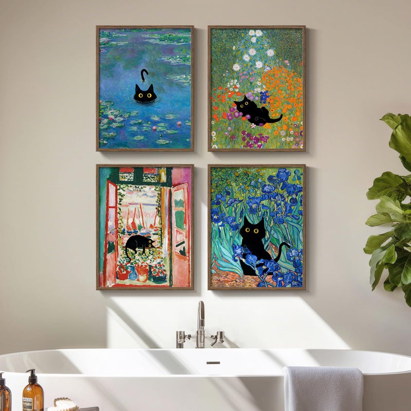 Cuspin Framed Cat Bathroom Wall Art, 4 Piece Funny Cute Black Cat in Water Lilies Canvas Painting Prints Artwork, Garden Flowers Monet Cat Aesthetic Pictures for Bedroom Kitchen Living Room Home Decor, 11x14 - Image 1