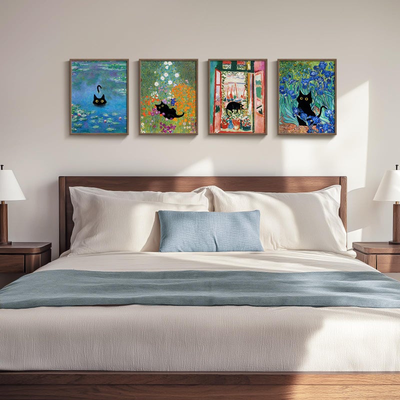 Cuspin Framed Cat Bathroom Wall Art, 4 Piece Funny Cute Black Cat in Water Lilies Canvas Painting Prints Artwork, Garden Flowers Monet Cat Aesthetic Pictures for Bedroom Kitchen Living Room Home Decor, 11x14 - Image 3