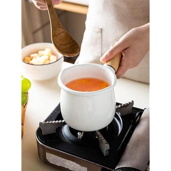 ريحني وعاء حليب مينا مقاس 4 بوصات، غير لاصق، قدر صغير لتسخين الزبدة بمقبض خشبي، وعاء طهي صغير سعة 17 أونصة، أبيض - Image 3