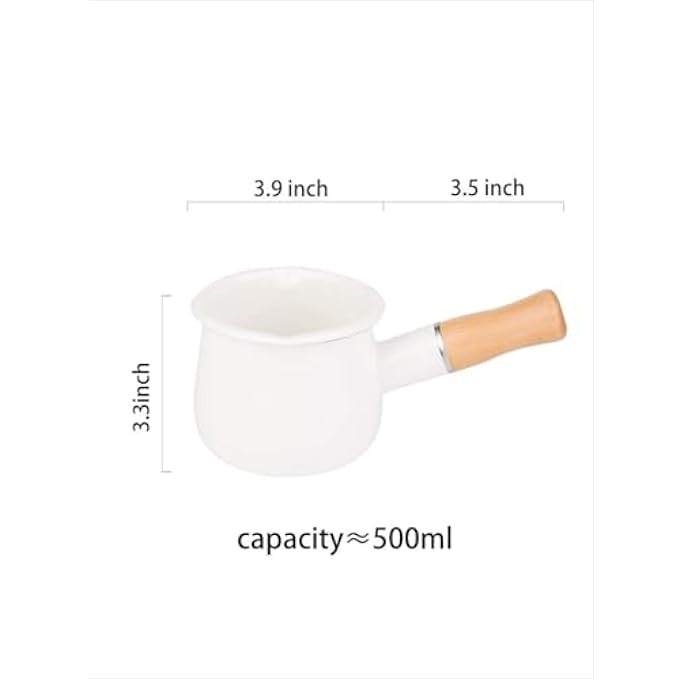 ريحني وعاء حليب مينا مقاس 4 بوصات، غير لاصق، قدر صغير لتسخين الزبدة بمقبض خشبي، وعاء طهي صغير سعة 17 أونصة، أبيض - Image 2