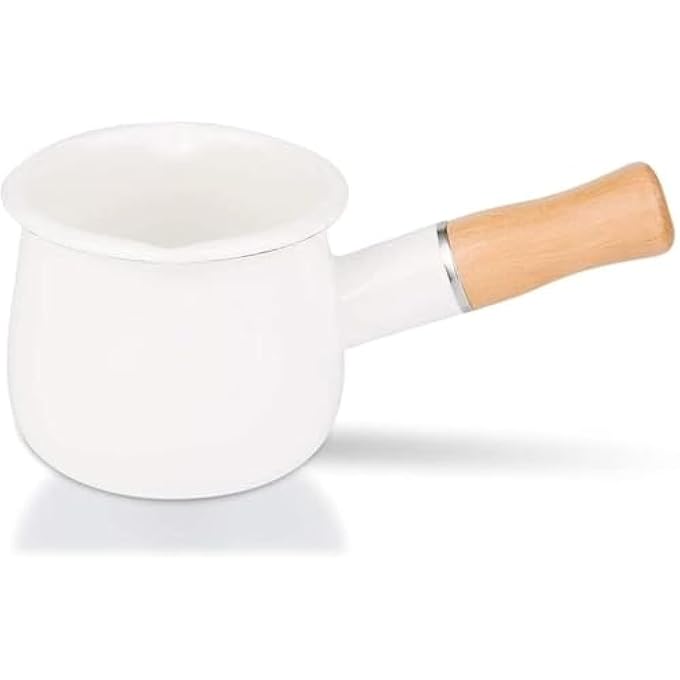 ريحني وعاء حليب مينا مقاس 4 بوصات، غير لاصق، قدر صغير لتسخين الزبدة بمقبض خشبي، وعاء طهي صغير سعة 17 أونصة، أبيض - Image 1