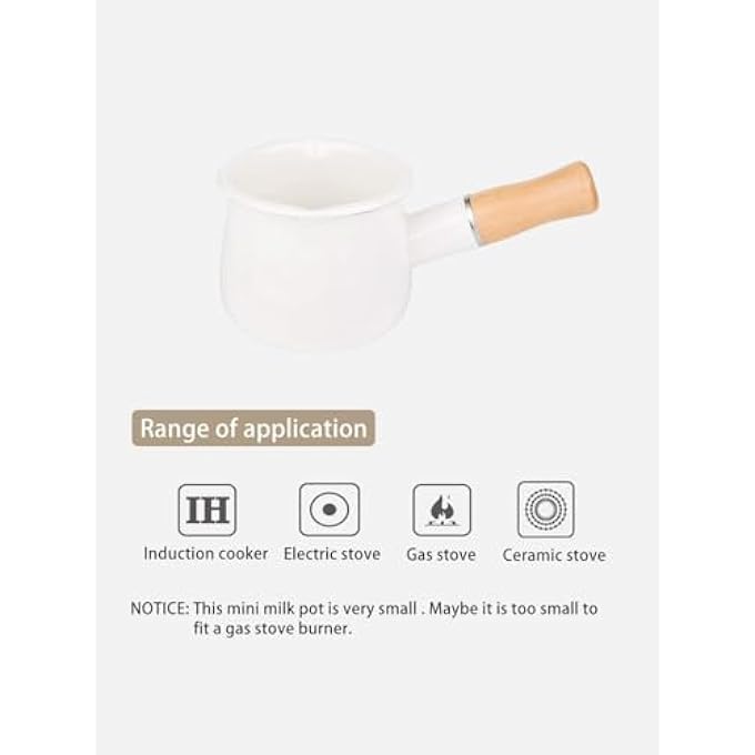 ريحني وعاء حليب مينا مقاس 4 بوصات، غير لاصق، قدر صغير لتسخين الزبدة بمقبض خشبي، وعاء طهي صغير سعة 17 أونصة، أبيض - Image 5