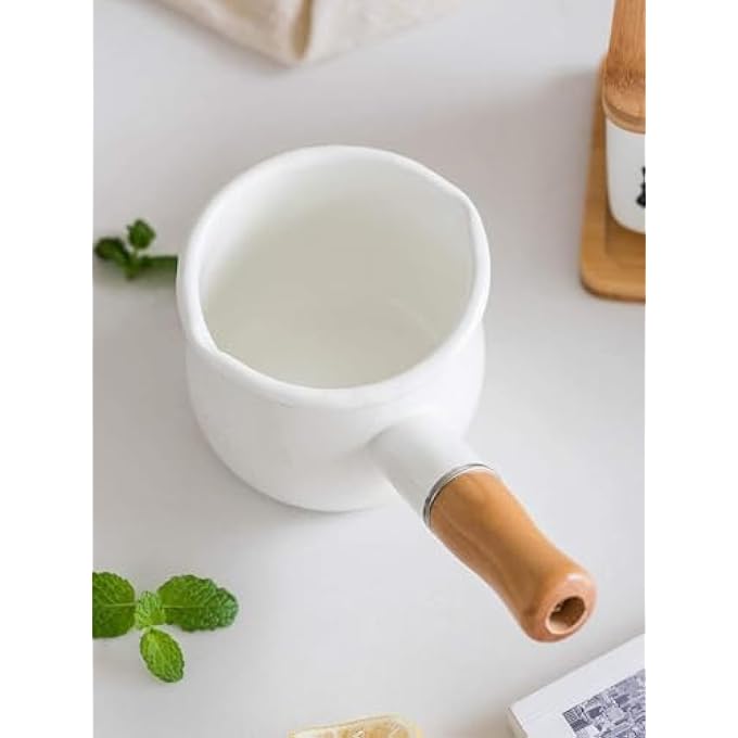 ريحني وعاء حليب مينا مقاس 4 بوصات، غير لاصق، قدر صغير لتسخين الزبدة بمقبض خشبي، وعاء طهي صغير سعة 17 أونصة، أبيض - Image 4