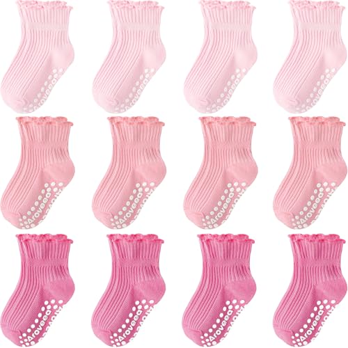 Aroveea Baby Toddler Girls Socks Grip Ruffle Non Slip Girls Cotton 12 Pack Socks for 1-3T Kids Cute Ankle 6M-7Years - Image 1