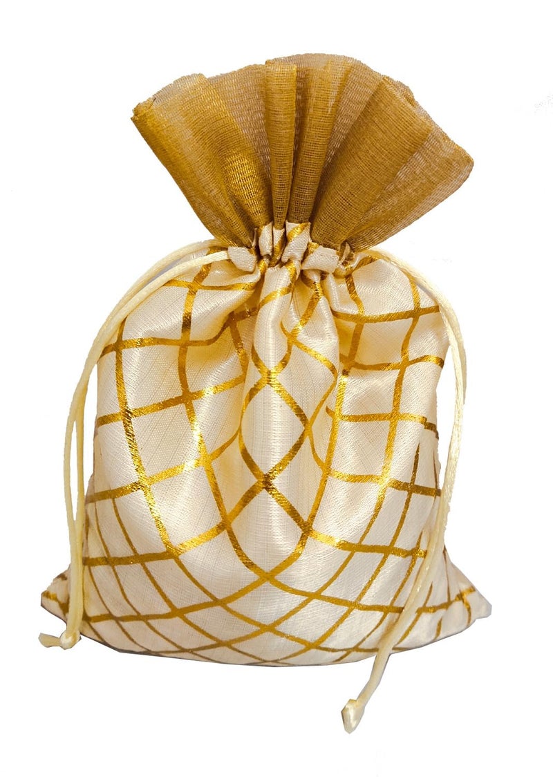 3A FEATURETAIL 13CM X 18CM Small Drawstring Bags Pouches Potli for Gift Wedding Jewelry Packaging Bridal Party Favors for Women (25 pc Pack, Cream Color Golden Berfi Print) - Image 2