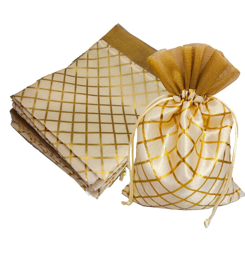 3A FEATURETAIL 13CM X 18CM Small Drawstring Bags Pouches Potli for Gift Wedding Jewelry Packaging Bridal Party Favors for Women (25 pc Pack, Cream Color Golden Berfi Print) - Image 1