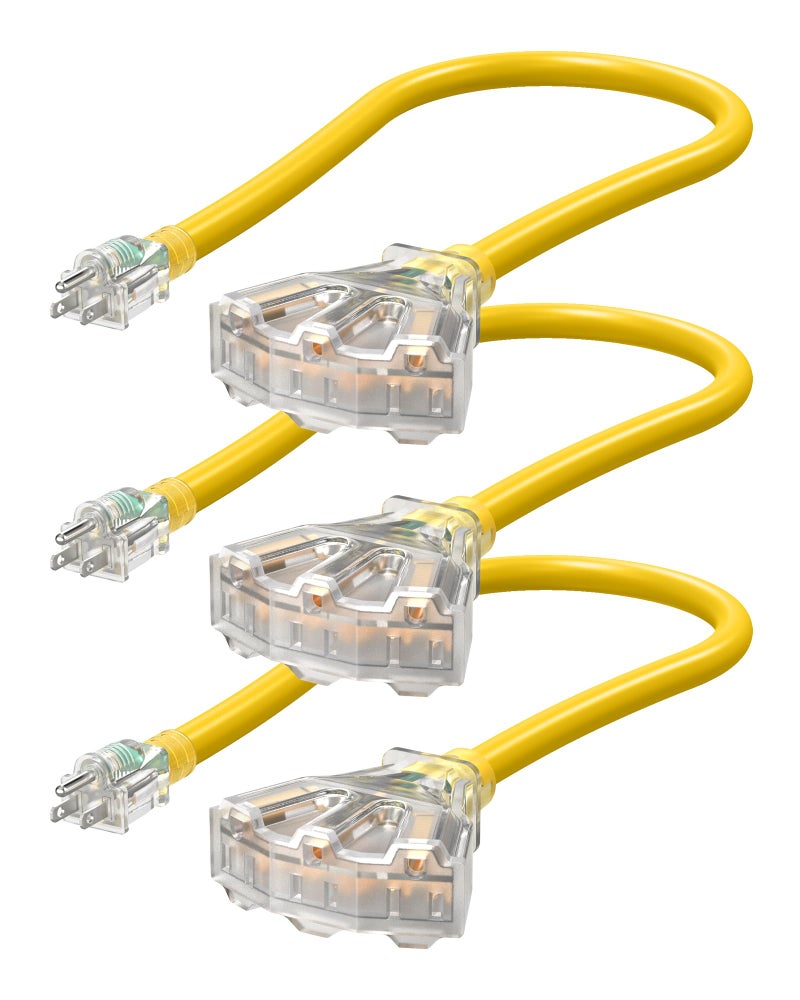 DEWENWILS 24 Inches 12/3 Gauge Indoor Tri-Tap Extension Cord Splitter, SJTW 15 Amp Yellow Outer Jacket Contractor Grade Heavy Duty Power Cable with LED Lighted Plug, ETL Listed, Pack of 3 - Image 1