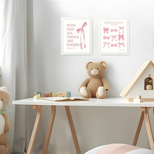 LARTSFRO Coquette Pink Bow Wall Art Decor Posters, Pink Bow Room Bedroom Bathroom Dorm Wall Art Decor Aesthetic for College Teen Girls Gifts, Inspirational Bible Verses Bow Wall Decor, 10x8 Inch Set of 4 Pcs Bow Pictures (WHITE FRAMED) - Image 5