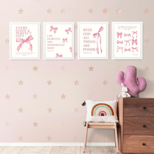 LARTSFRO Coquette Pink Bow Wall Art Decor Posters, Pink Bow Room Bedroom Bathroom Dorm Wall Art Decor Aesthetic for College Teen Girls Gifts, Inspirational Bible Verses Bow Wall Decor, 10x8 Inch Set of 4 Pcs Bow Pictures (WHITE FRAMED) - Image 3