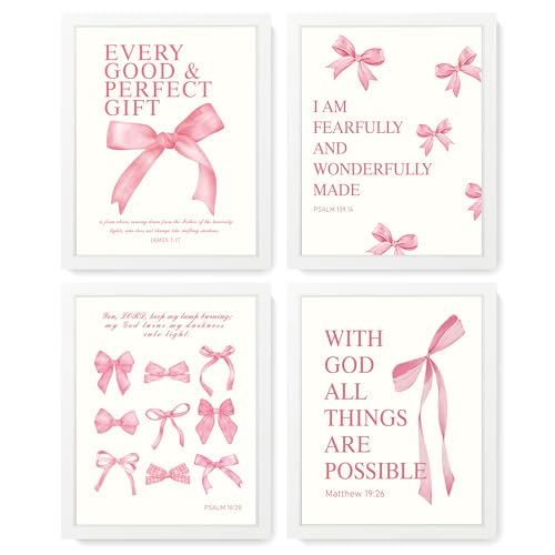 LARTSFRO Coquette Pink Bow Wall Art Decor Posters, Pink Bow Room Bedroom Bathroom Dorm Wall Art Decor Aesthetic for College Teen Girls Gifts, Inspirational Bible Verses Bow Wall Decor, 10x8 Inch Set of 4 Pcs Bow Pictures (WHITE FRAMED) - Image 1