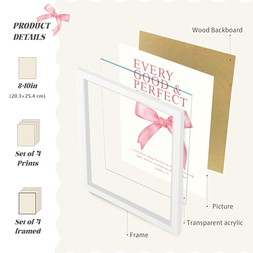 LARTSFRO Coquette Pink Bow Wall Art Decor Posters, Pink Bow Room Bedroom Bathroom Dorm Wall Art Decor Aesthetic for College Teen Girls Gifts, Inspirational Bible Verses Bow Wall Decor, 10x8 Inch Set of 4 Pcs Bow Pictures (WHITE FRAMED) - Image 2