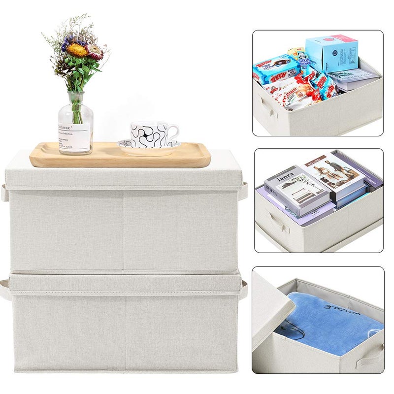 HOONEX Foldable Storage Bins with Lids, 2 Pack, Storage Boxes with Carrying Handles and Sturdy Heavy Cardboard, 16.5" L x 11.8" W x 7.5" H for Shoes, Books, Clothes, Linens, Beige - Image 2