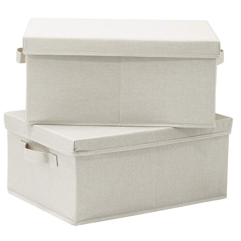 HOONEX Foldable Storage Bins with Lids, 2 Pack, Storage Boxes with Carrying Handles and Sturdy Heavy Cardboard, 16.5" L x 11.8" W x 7.5" H for Shoes, Books, Clothes, Linens, Beige - Image 1